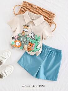 Cozy Pixies 2pcs/Set Baby Boy Cartoon Animal Pattern Polo Collar Short Sleeve Top And Casual Shorts Set
