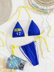 Swim Vcay Navy Blue Sporty-Chic Lace-Up Non-Underwire Sexy Vacation Bikini Swimsuit 2 Pieces Set For Women For Summer - Royal Blue - View 3