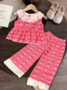 Conjunto de 2 peças de blusa e calça casual de perna larga com acabamento em renda para meninas, ideal para férias de verão, praia e atividades ao ar livre - Vermelho - Ver 3