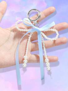 ROMWE Kawaii 1pc Simple & Unique Blue Ribbon Bowknot Pendant Keychain With Faux Pearl, Key Ring, Bag Charm, Festival Gift Valentines - Blue - View 1