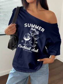 SHEIN Unity Women's Loose Fit Asymmetrical Neck T-Shirt, Cocktail Print Oversized Tee In White And Navy Blue, Summer - Navy Blue - View 3