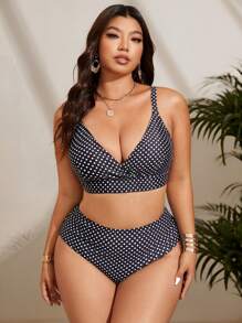 SHEIN Swim Curve 大码女式 3 件套波尔卡圆点吊带比基尼泳装，配有可调节肩带和长裙，度假泳装套装