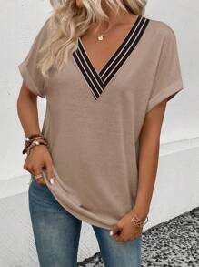 SHEIN VCAY Women's Contrast Stripe V-Neck Short Sleeve Rolled Cuff Casual Versatile T-Shirt, Spring/Summer - Multicolor - View 6