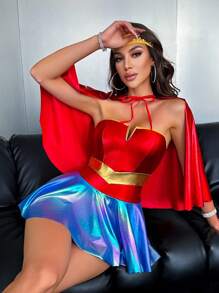 Fantasy Costume 3 件套深 V 人造皮革连衣裙 + 头饰 + 披肩，修身拼接，派对，化妆舞会服装，女士 - 紅色 - 查看 6