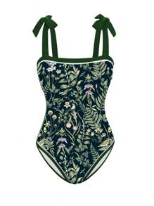Swim Oasis 加大码热带植物印花扭纹可调节肩带连体泳衣（含配套裙子） - 彩色 - 查看 3