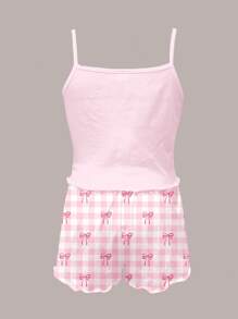 SHEIN Tween Girl Casual Plaid Bow Design Slim-Fit Camisole Top And Shorts Pajamas Set, Suitable For Summer