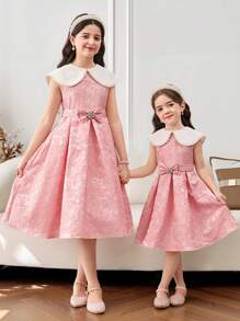 Young Girl Pearl Decor Large Lapels Patchwork Patchwork Floral Jacquard Midi A-Line Dress, Shawl Neck, Cake Dress, Flower Girl, Cute & Elegant & Sweet & Vintage & Fashionable. Mom And Daughter & Sisters Matching, Family Vacation, Daily Wear, Home Family Gatherings And Special Occasions, Sibling Outfits, Gorgeous Princess, Party Wear, For Birthdays, Spring/Summer. - Pink - View 4