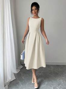 Elenzga Váy midi chữ A trễ vai thanh lịch cho nữ, thích hợp để đi làm, trà chiều, tiệc tùng, mùa xuân/hè - Màu be - Xem 6