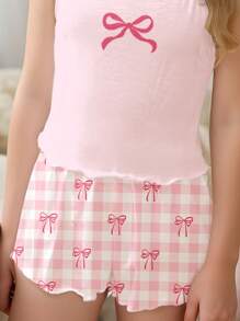 SHEIN Tween Girl Casual Plaid Bow Design Slim-Fit Camisole Top And Shorts Pajamas Set, Suitable For Summer