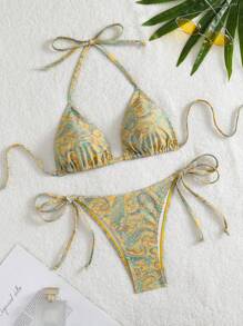 Swim Mod Women's Summer Beach Vacation Paisley Print Halter Bikini Set, Random Print - Multicolor - View 1