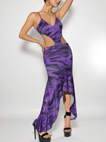 SHEIN ICON Marble Print Cut Out Waist Asymmetrical Hem Cami Dress - Multicolor - View 1