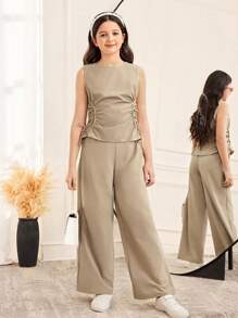 SHEIN 2 件套青少年女孩休闲圆领无袖上衣，腰部荷叶边设计，搭配裤子，简约套装 - 杏色 - 查看 1