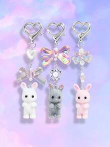 ROMWE Kawaii 3pcs/Set Pink Translucent Bow, White Faux Pearl, Grey/White/Pink Cute Rabbit Flocked Keychain Gift, Fashionable And Delicate Bag Charm, Suitable For Women's Daily Wear And Holidays Valentines