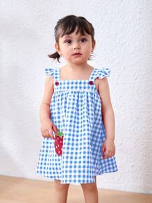 Cozy Pixies Baby Girl Strawberry Pattern Square Neck Ruffle Hem Cinched Waist Sleeveless Dress - Blue - View 10
