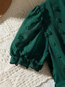 SHEIN Tween Girl Fuzzy Jacquard Lined Puff Sleeve Dress With Belt, Droplet Collar Casual Dress - Dark Green - View 3