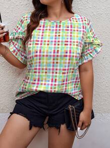 SHEIN LUNE 大码随机印花荷叶边下摆休闲短袖衬衫 - 彩色 - 查看 1