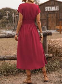 EMERY ROSE Women's Cross Shirred Cinched Waist Knot Back Drop Shoulder A-Line Midi Dress, Casual Boho Vacation Style, Spring/Summer