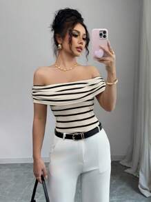 Elenzga Elegant French Vintage Striped Off-The-Shoulder T-Shirt, Boho Holiday & Casual Daily Wear - Apricot - View 6