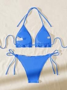 Swim Basics Solid Color Blue Bikini Set - Triangle Cup For Summer Beach Vacation - Blue - View 4