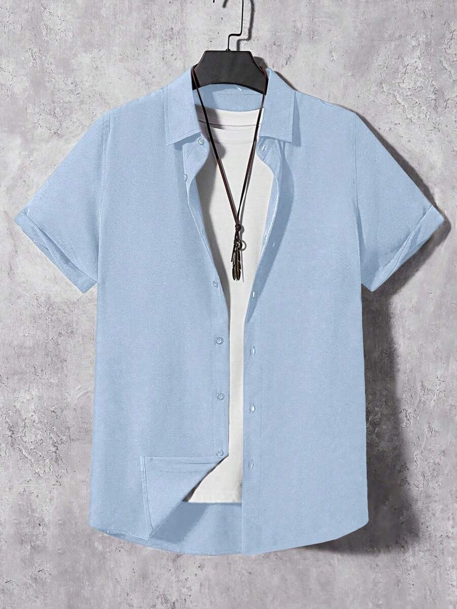 Manfinity VCAY 男士休闲梭织短袖衬衫，适合日常穿着 - 藍色 - 查看 1