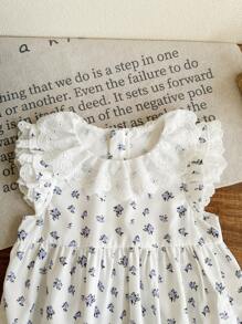 SHEIN Baby Girl Cute Ditsy Floral Pattern Ruffled Bodysuit, Summer - Mauve Purple - View 6