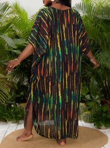 SHEIN Slayr CURVE Plus Size Women Random Print V-Neck Loose Beach Vacation Long Cover Up - Green - View 2
