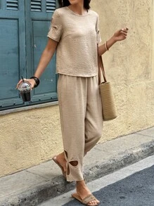 2pcs Women's Set: Hollow Sleeve Round Neck Blouse + Hollow Casual Pants - Khaki - View 4