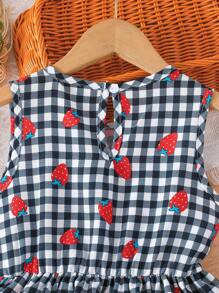 2pcs/Set Girls Spring/Summer Sleeveless Cute Strawberry Pattern Plaid Shirt With Bow Design And Shorts - Multicolor - View 3