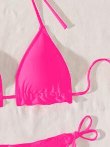 SHEIN Swim Women Summer Beach Solid Color Ruffle Halter Tie Front Sexy Pink Bikini Set, Triangle Cup - Hot Pink - View 5