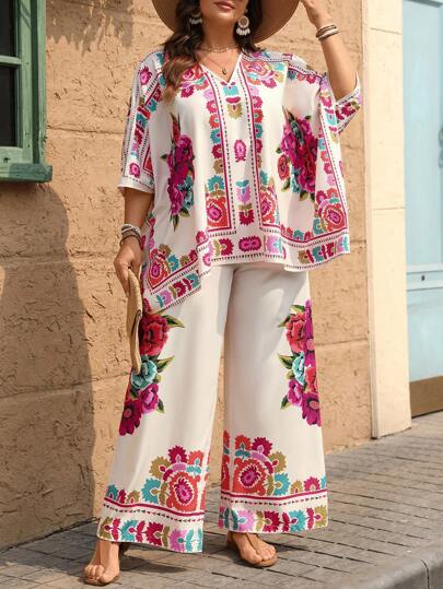 SHEIN Holidaya Plus Size Women's Square Floral Pattern Batwing Sleeve Buttoned Front & Loose Pants Summer Casual Vacation Outfit