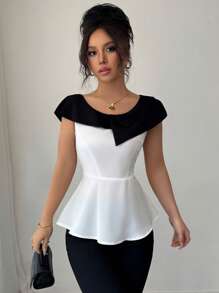 Elenzga Elegante blusa primaverile/estiva da donna con colletto a blocchi di colore, in tessuto intrecciato