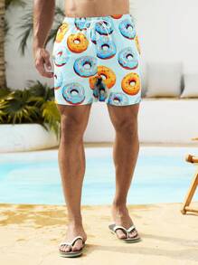 Surfspeed Men's Summer Donut Print Drawstring Waist Beach Shorts - Baby Blue - View 7