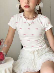 SHEIN 3 件套青少年女孩休闲蝴蝶结、樱桃、碎花圆领褶饰修身短袖 T 恤套装 - 彩色 - 查看 4