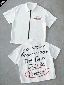 Manfinity EMRG Herren Große Größen Lässig Shirt mit Slogan Grafik und Reißverschluss, Kurzarm, Sommer - Weiss - Übersicht 1