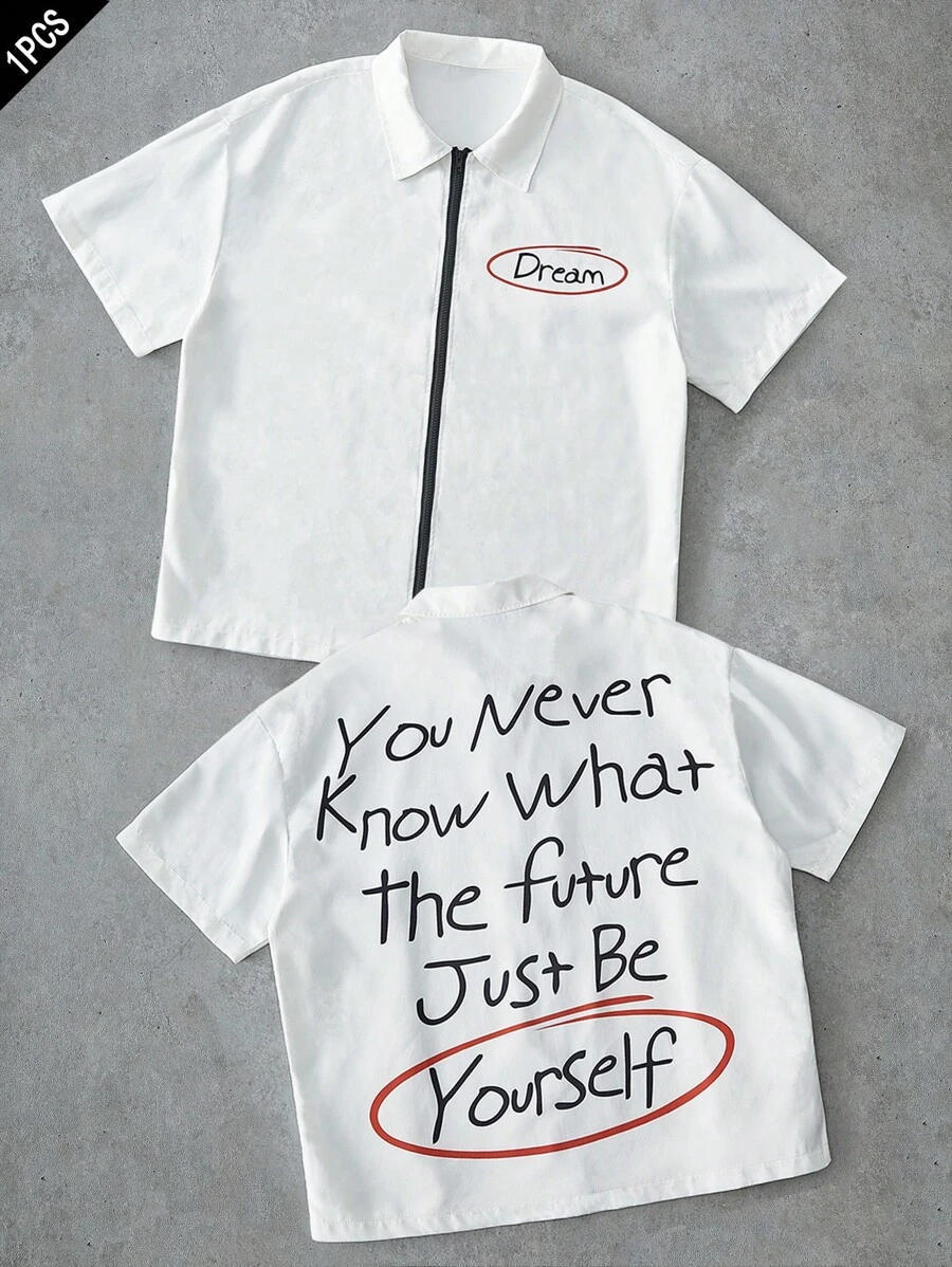 Manfinity EMRG Herren Große Größen Lässig Shirt mit Slogan Grafik und Reißverschluss, Kurzarm, Sommer - Weiss - Übersicht 1