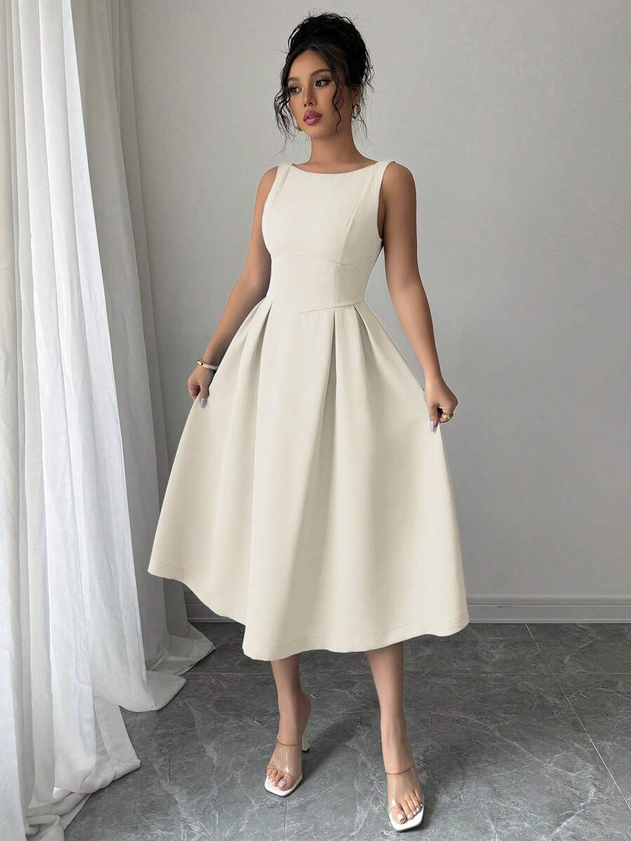 Elenzga Váy midi chữ A trễ vai thanh lịch cho nữ, thích hợp để đi làm, trà chiều, tiệc tùng, mùa xuân/hè - Màu be - Xem 1