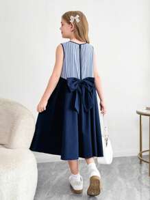 SHEIN Leap Crew Tween Girls' Bowknot Back Striped Color Block Sleeveless Dress - Navy Blue - View 5