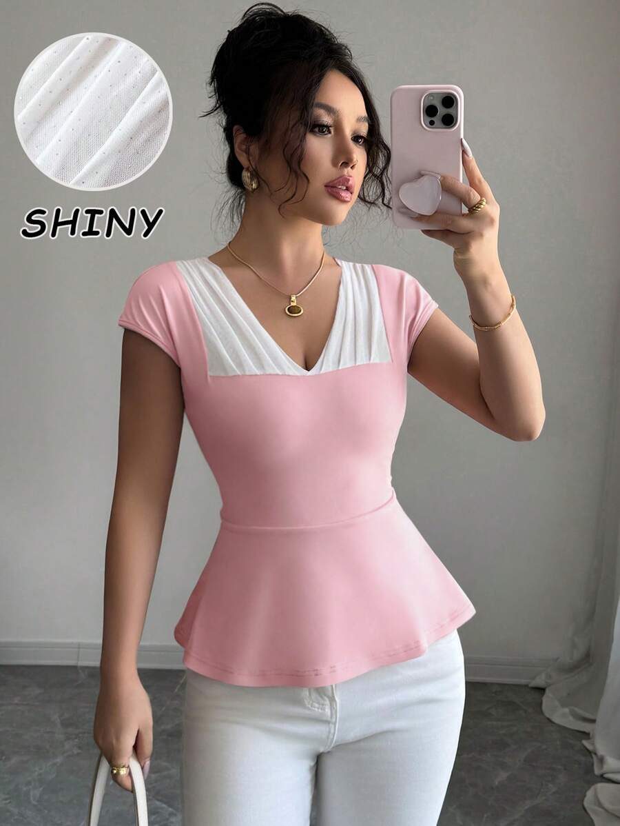 Elenzga Regata Preta Slim Fit Cintura Marcada Estilo Elegante Francês para Mulheres - Rosa chiclete - Visão 1