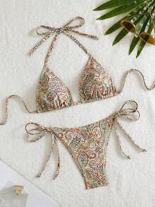 Swim Mod Women's Summer Vacation Beach Paisley Print Halterneck Bikini Set, Random Print - Multicolor - View 1
