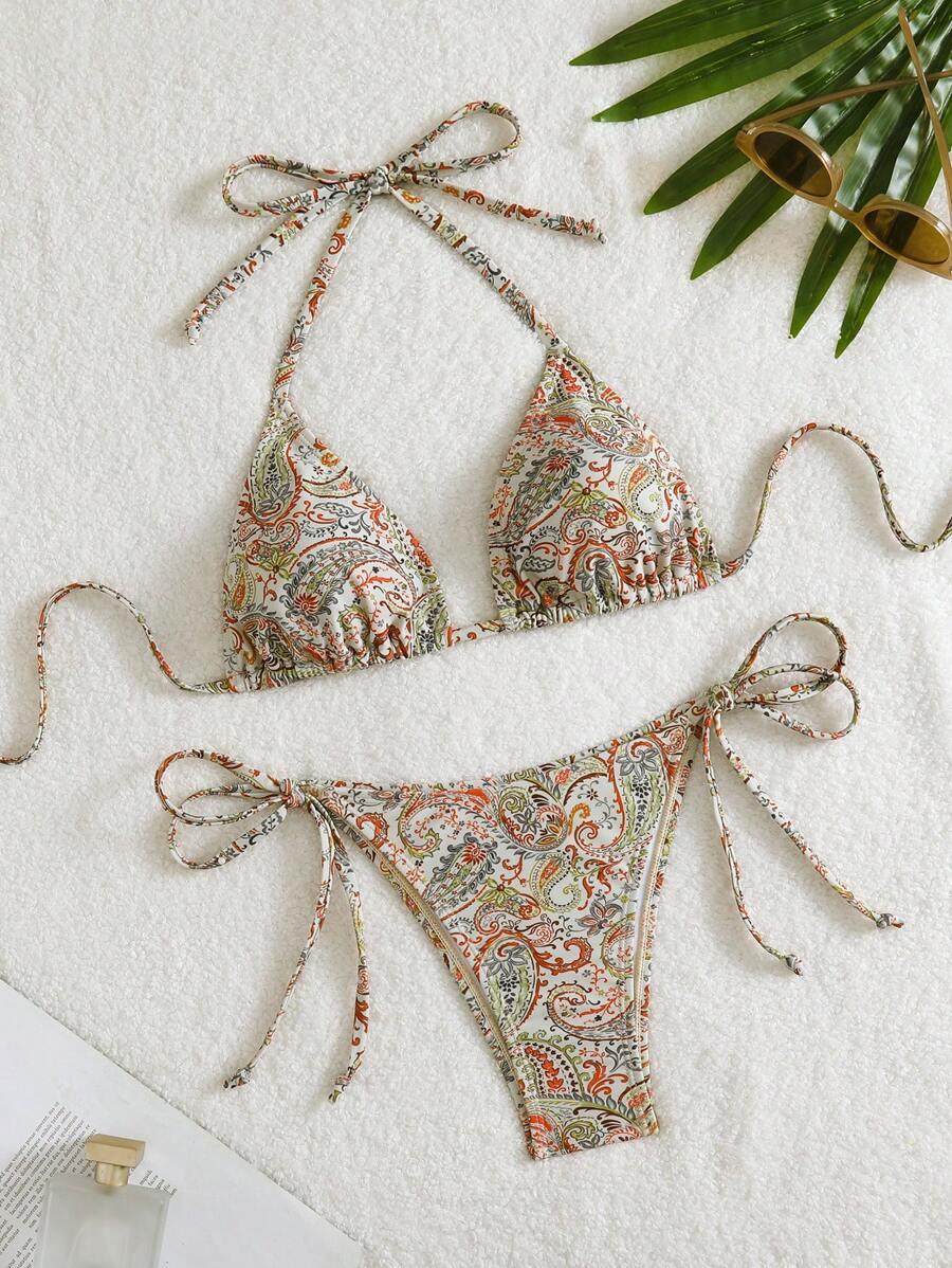 Swim Mod Women's Summer Vacation Beach Paisley Print Halterneck Bikini Set, Random Print - Multicolor - View 1