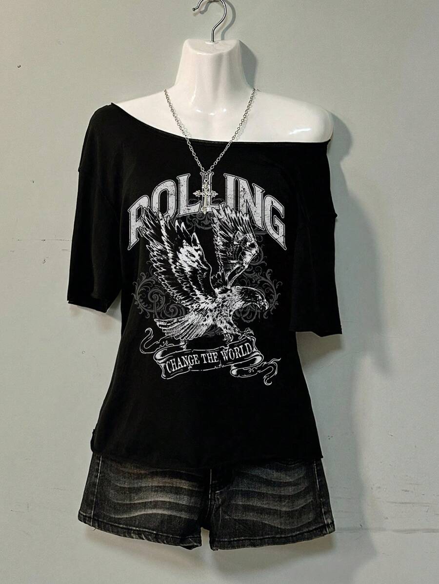 Attitoon T-shirt ample simple décontracté avec imprimé aigle, convient pour l'été