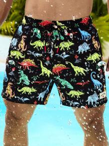 Manfinity VDAYZ Men's Cartoon Dinosaur Print Pocket Drawstring Waist Beach Shorts, Suitable For Summer - Black - View 2