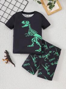 SHEIN Dozemod Kids Boy Glow-In-The-Dark Cartoon Dinosaur Print Round Neck Short Sleeve T-Shirt And Shorts Knit Soft Snug Fit Pajama Set, 2 Pieces - Black - View 6