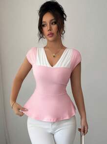 Elenzga Regata Preta Slim Fit Cintura Marcada Estilo Elegante Francês para Mulheres - Rosa chiclete - Visão 5