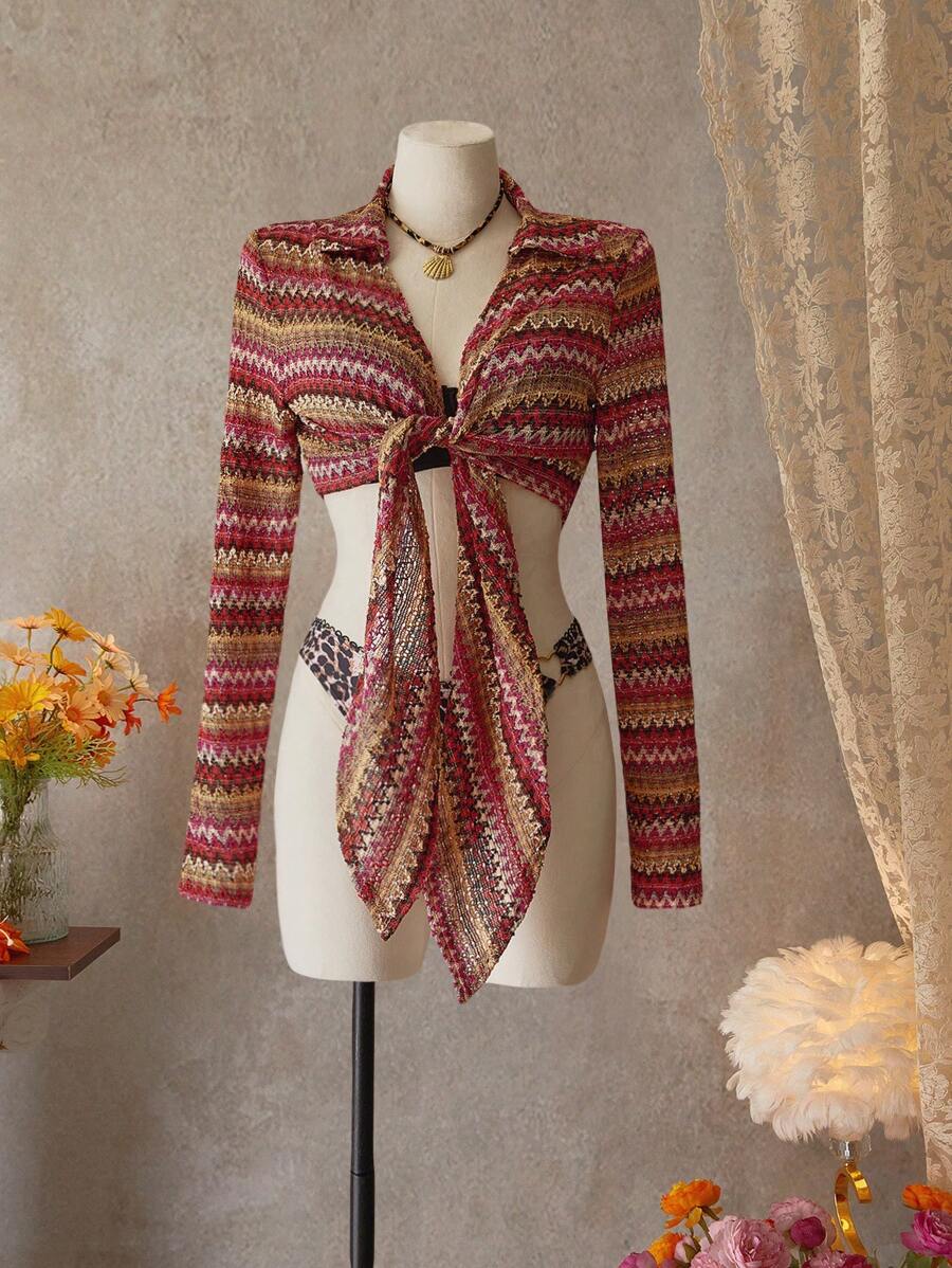 SHEIN Swim Women All-Over Print Twist Front Long Sleeve Cover Up Top, Suitable For Summer