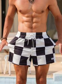 ZELFYO Men's Checkerboard Print Drawstring Waist Beach Shorts, Summer - Black and White - View 3
