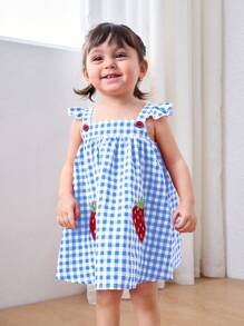 Cozy Pixies Baby Girl Strawberry Pattern Square Neck Ruffle Hem Cinched Waist Sleeveless Dress - Blue - View 12