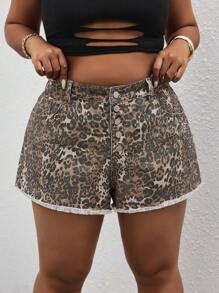 SHEIN EZwear Plus Size Women Leopard Print Casual Denim Shorts, Street Style