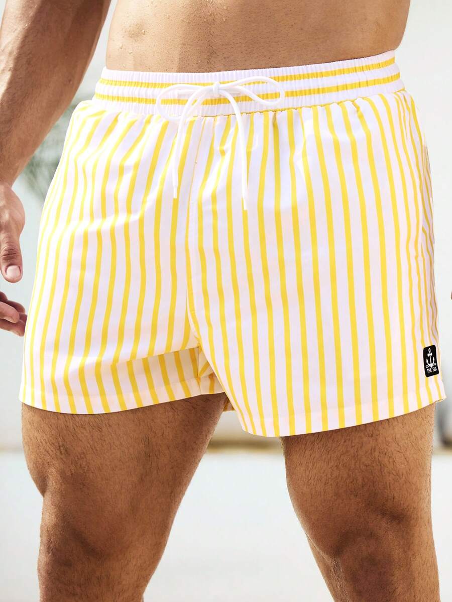 Manfinity Swimmode Men's Striped Drawstring Waist Loose Beach Shorts, Casual - Yellow - View 1