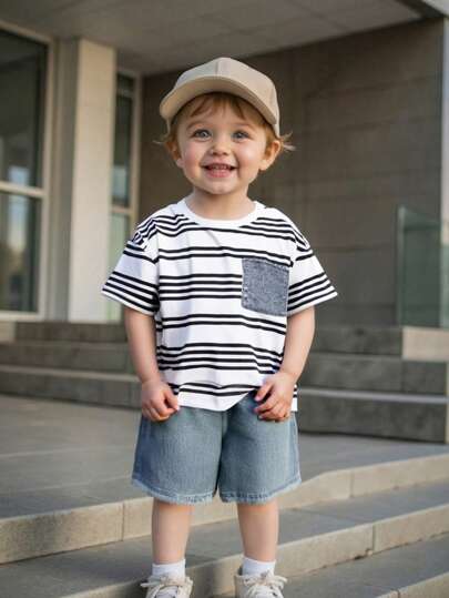 2 件套男婴舒适日常休闲可爱条纹短袖 T 恤上衣和短裤套装，适合室内、户外、日常、运动、玩耍、派对、拍照、度假、节假日、春夏